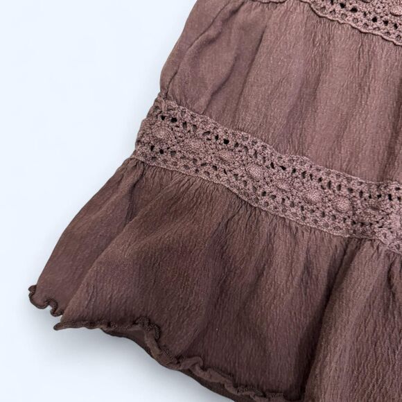 Y2K Fairycore Brown Boho Peasant Skirt Tiered Ruffle Hem Crochet Trim - Picture 4 of 7